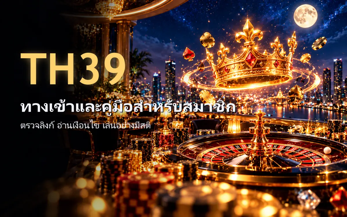 th39 มงกุฎทองลอยเหนือโต๊ะรูเล็ตบนระเบียงคาสิโนกลางคืน ใต้ดาวและพระจันทร์ ภาพหน้าปกคู่มือ th39 ทางเข้า